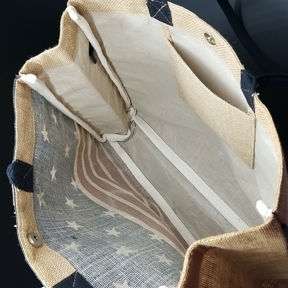 Mona B Eco friendly Americana Stars and Stripes Burlap Tote Bag - Picture 3 of 9